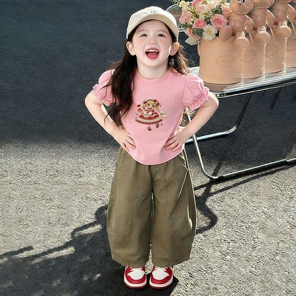 Lolita cartoon print summer casual stylish short-sleeve top for girls cute puff sleeve round-neck top for toddlers and young children L260521VEE6