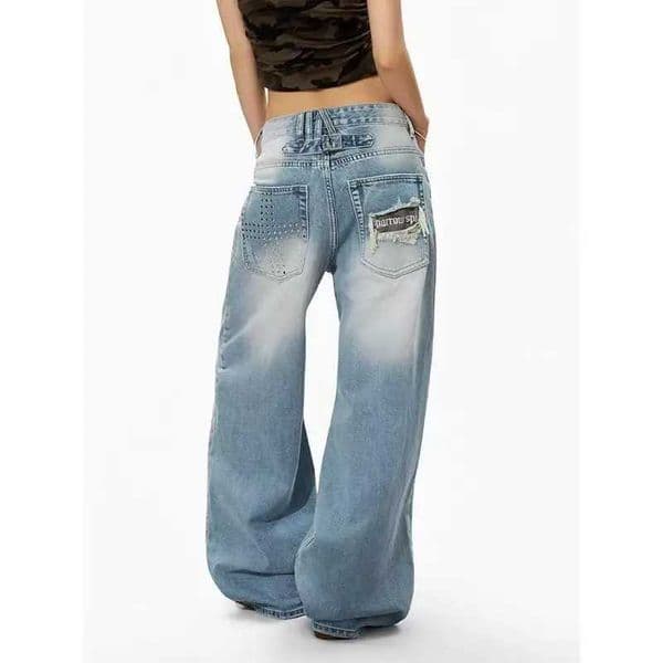 Vintage American style cross rivet plus size women loose straight leg wide leg pants Y2k casual ripped pants L260525