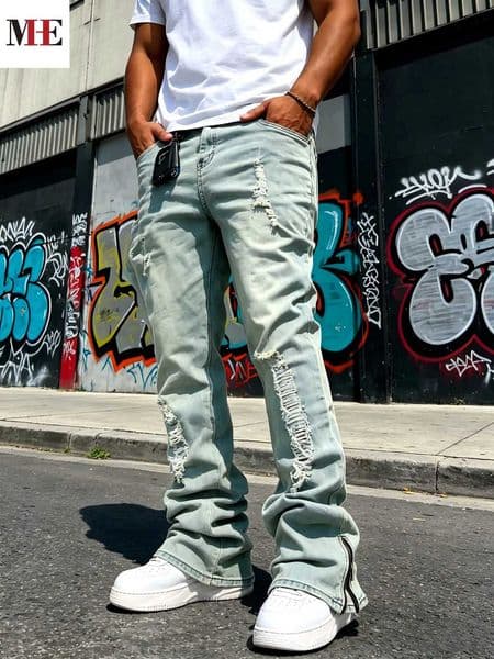 HME Mens Flared Denim Pants Light Blue Vintage Jeans with Rips Zipper Hem for Casual Style M260525