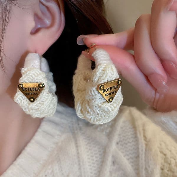 Earrings For Women White Yarn Woven Hoop Exaggerated Unique Light Luxury High End Autumn Winter Festival Jewelry