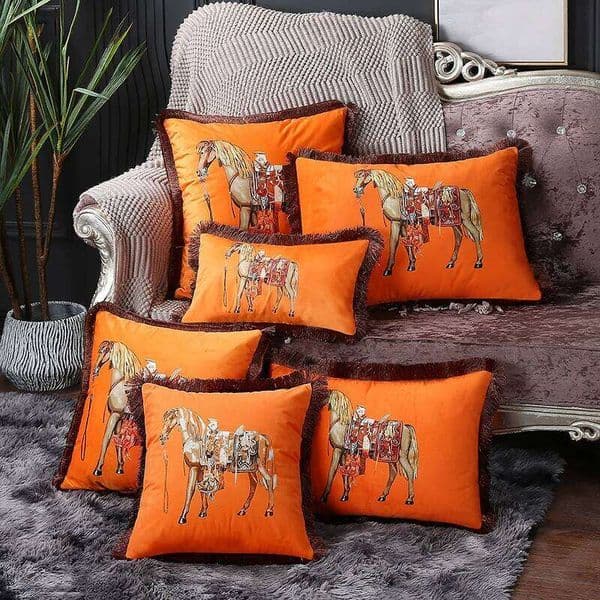 European American luxury printed cushion horse pattern velvet pillowcase lumbar pillow cover tassel edge 26L0526