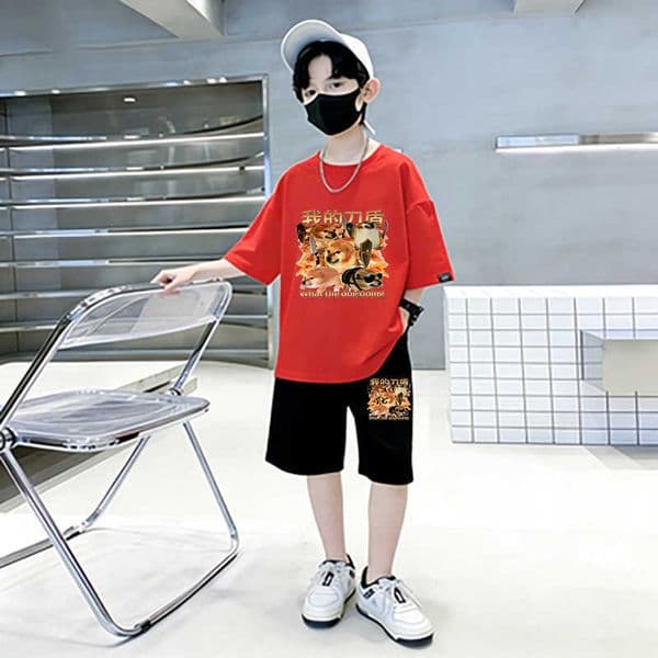 2026 My Knife and Shield Embroidery-Style Printed Clothes Boys Summer Abstract Childrens Fun Short-Sleeve Two-Piece Set L26052100A9