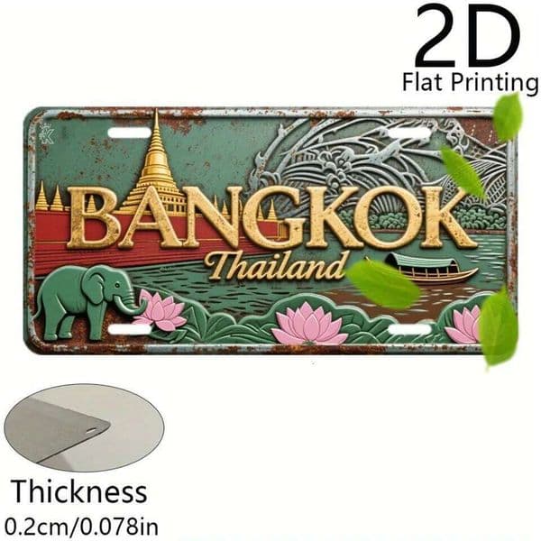 Flat, 2D Flat Printing, 1pc, Retro Aluminum License Plate, Decorative Plaque & Statues (6" x 12"), Bangkok Thailand Scenery 26Y0526