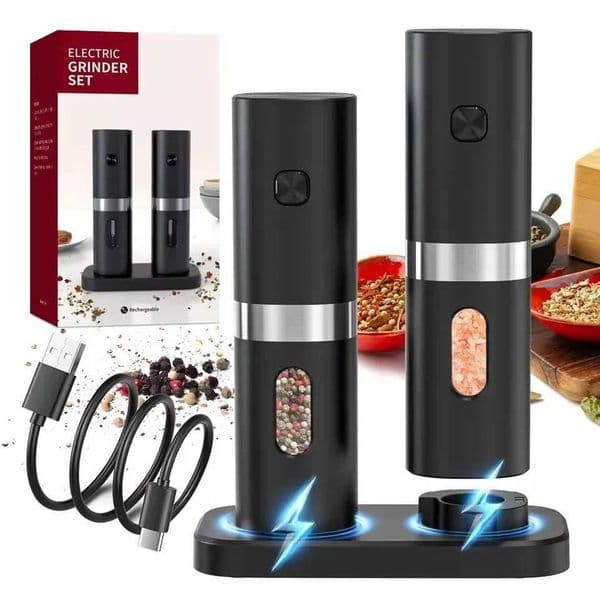 Electric Salt and Pepper Grinder Set Rechargeable Automatic Pepper Mill Adjustable Coarseness with Charging Base LED Light L260526