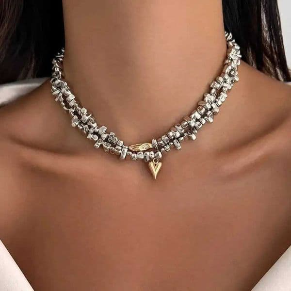 Salircon 2Pcs/set HipHop Irregular CCB Beads Chain Necklace Women Vintage Gold Color Heart Pendant Necklace Jewelry Holiday Gift L260526
