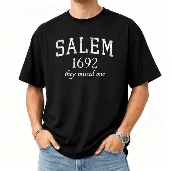 Salem 1692 They Missed One Witchcraft T Shirt, Funny Halloween Retro Tee, Summer Casual Top, Men's White Cotton Short Sleeve Shirt