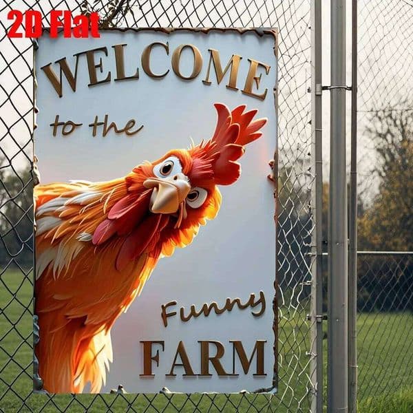 "Welcome to the Funny Farm" Rooster Metal Wall Sign, 2D Flat 12"x8" - Rustic Iron Weather-Resistant Decor 26Y0526