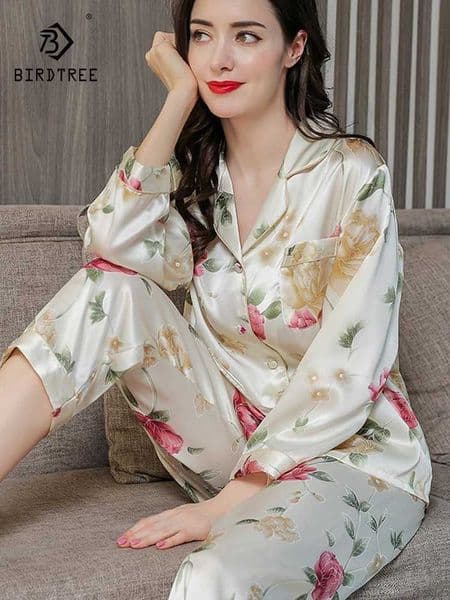 Birdtree Fall 16MM 100Real Silk Pajama Set Women Satin Print Pyjama Pj Suit Long Sleeve Bedroom Sleepwear Set P36637QC L260525