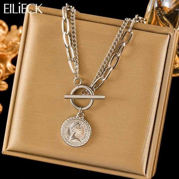 EILIECK 316L Stainless Steel Portrait Coin Pendant Necklace For Women Fashion Silver Color Neck Chain Waterproof Jewelry Gift Q260526
