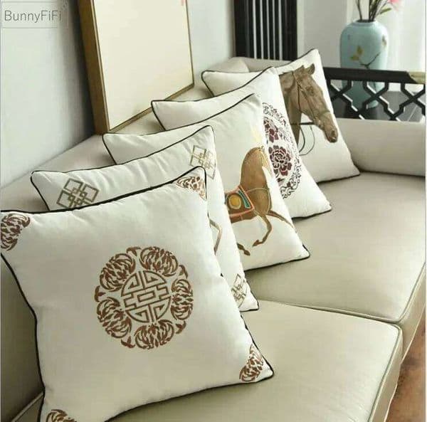 China Art Horse Embroidery Cushion Home Decoration Cotton Canvas Geometric Pillow Cover 45x45cm Sofa PillowCase 26L0526