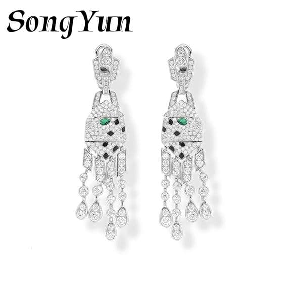 SY y Jewelry Enamel Leopard Earrings Stud Women 925 Sterling Silver Green Gemstones Tassel Drop Fine 260526