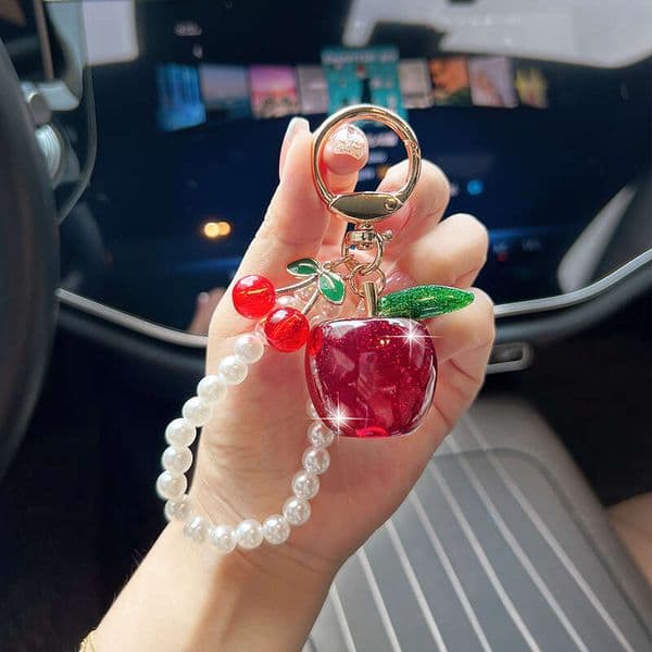 Cross-Border Glitter Resin Apple Car Keychain Fashionable Personality Pearl Chain Fruit Creative Bag Decoration Pendant