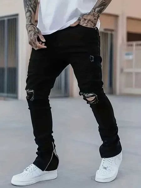 1pc Mens Slim Fit Distressed Black Straight Leg Casual Jeans Elastic With Pockets Breathable Suitable For City Walking Fam M260525