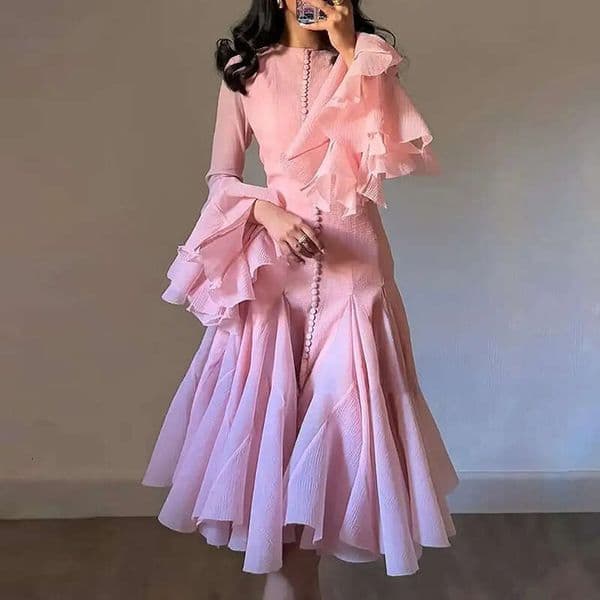 Cross-Border Best-Selling Ruffle For Women, Summer 2026 New Fashion High-Neck Long-Sleeve Elegant Waist-Cinching Midi Dress WONST