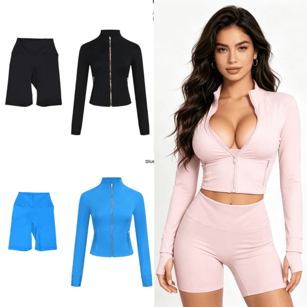 TOP Set Women Yoga Jacket Sports Coat Fitness Jackets+shorts set Gym Sports Top Quick-Dry Activewear Solid-Colour Zip-Up Sweatshirt Leggings