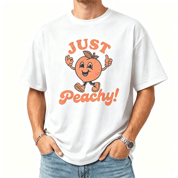 Just Peachy Retro Cartoon Peach T Shirt, Vintage Happy Fruit Graphic Tee, Summer Casual Top, Men's White Cotton Short Sleeve Shirt