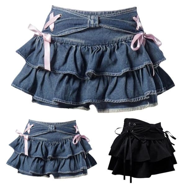 Y2k Sweet Denim Mini Skirt Women Ruffle Kawaii Bow Coquette Vintage Summer Cutecore ALine Jean Short Harajuku Skirts 260526
