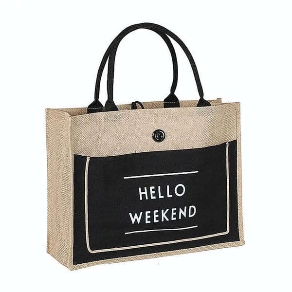 2026 New 3 Color European Style Female Hello Weekend Jute Cotton Handbags Women Big Size Beach Bag For Girls Printing Shoulder Bags 210326 D