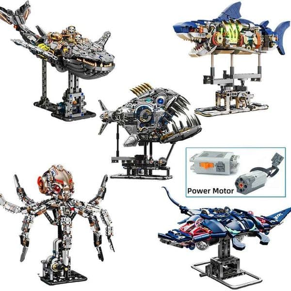 Mechanical Sea Animals Building Blocks DIY Movable Whale Octopus Manta Shark Piranha Creative Technical MOC Desktop Decor Gift 26Y0526