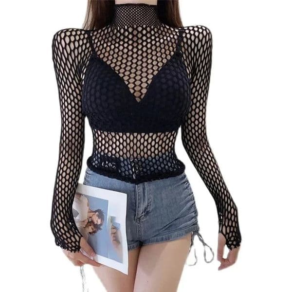 Womens Sexy Mesh Long Sleeve Fishnets Tops Fun Fashion Slim Fit Tops Hollow Out See Through Loose Female T-shirts Crop soft Top 260526