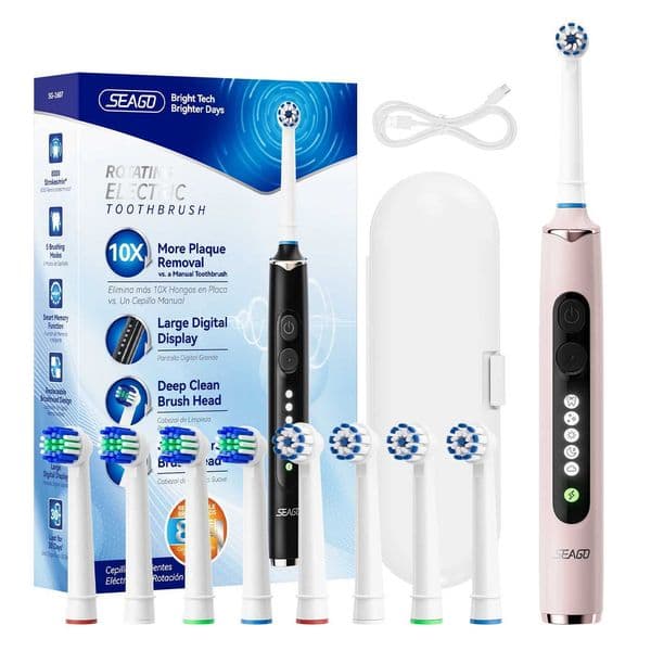 Seago Rotating Electric Toothbrush for Adults with 8 Toothbrush Heads and Travel Box Smart Display 5 Modes Waterproof SG-2607L260526