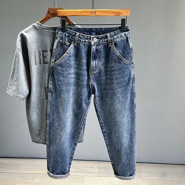 Mens Jeans Streetwear Fashion Tapered Pants Blue Casual Personality Vintage Male Clothing Slim Denim Trousers Brands M260525