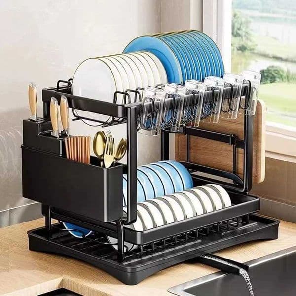 2-tier Kitchen Drain Rack Dish Storage Rack Kitchen Dish Drying Rack with Drain Tray Countertop Tableware Storage Drain Board L260525