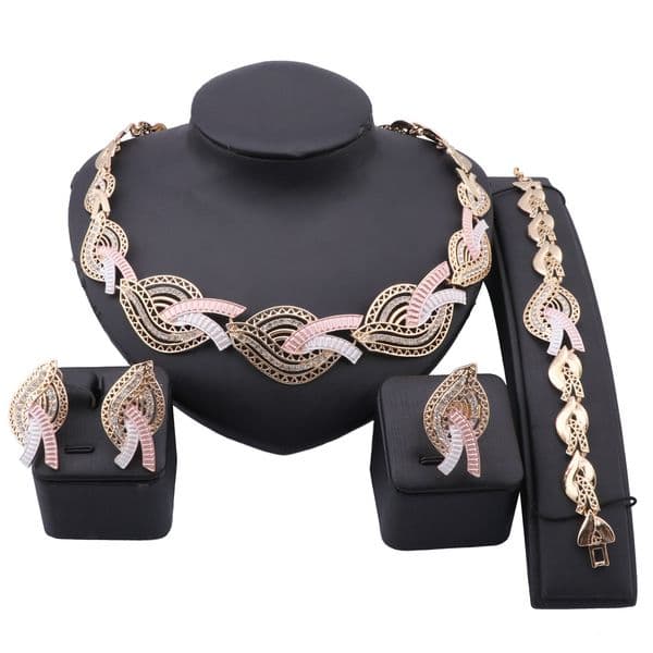 Elegant Gold Tone Pink White Crystal Jewelry Set Statement Necklace Bracelet Earrings Ring for Women Wedding Party