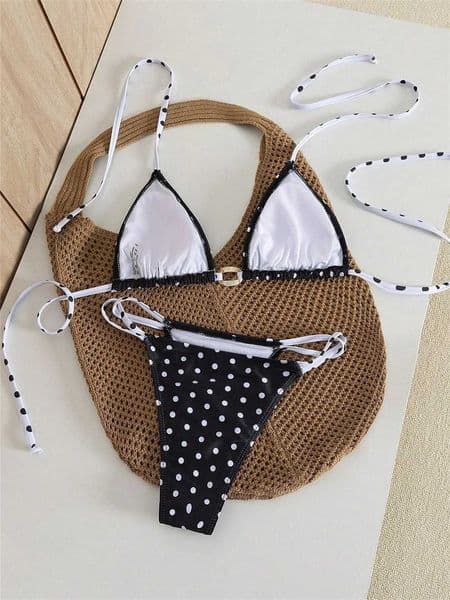 Vintage Dot Bikini Micro String Swimsuit Women Backless Rings Vacation Swimwear Halter Lace Up Bikinis Sets Beach Outfit Biquini M260526