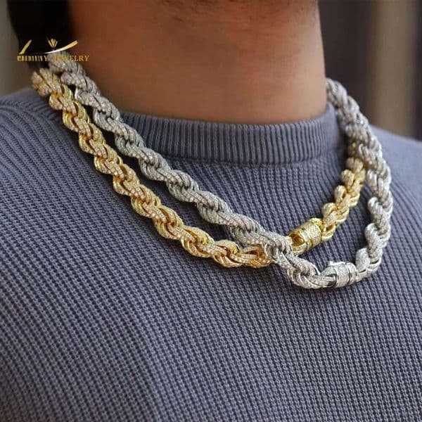 Luxury Pass Tester Vvs Moissanite Diamond 8mm 12mm Iced Out Rope Chain 925 Sterling Silver Twist Necklace Mens Hiphop