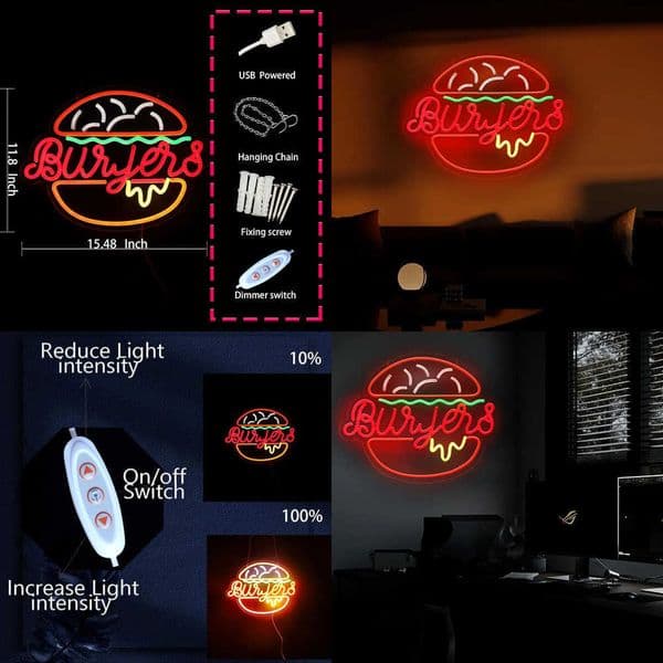 Hamburger Shaped Neon Light Sign - Dimmable LED Wall Art for Kitchen Diner Restaurant Party Decor USB Powered Gift Idea W260527 W260527 W260527