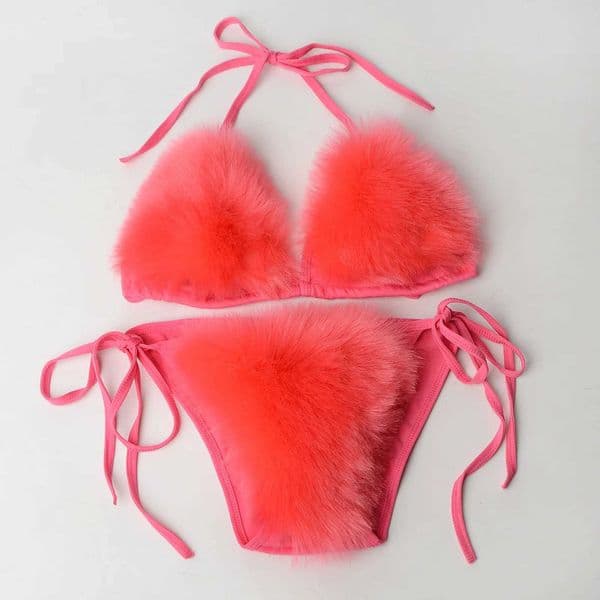 Summer Women Fake Fox Fur Sexy Halter Solid Color Bikini Set Swimsuits Triangle Sexy Bikini Set Faux Fur Swimsuit Plush Swimwear C260527