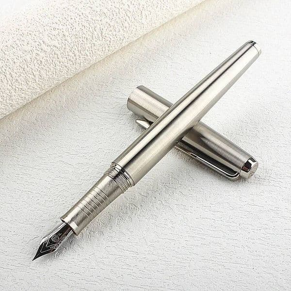New Retro Hongdian Stainless Steel Silver Fountain 26# Nib Writing Ink Pen School Office Supplies Gifts Pens