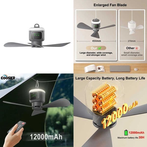12000mAh Ceiling Fans Portable Camping Fan Tent Air Circulator Cooler Outdoor Rechargeable Electric Fan LED Light Remote Control Z2605261TIQ