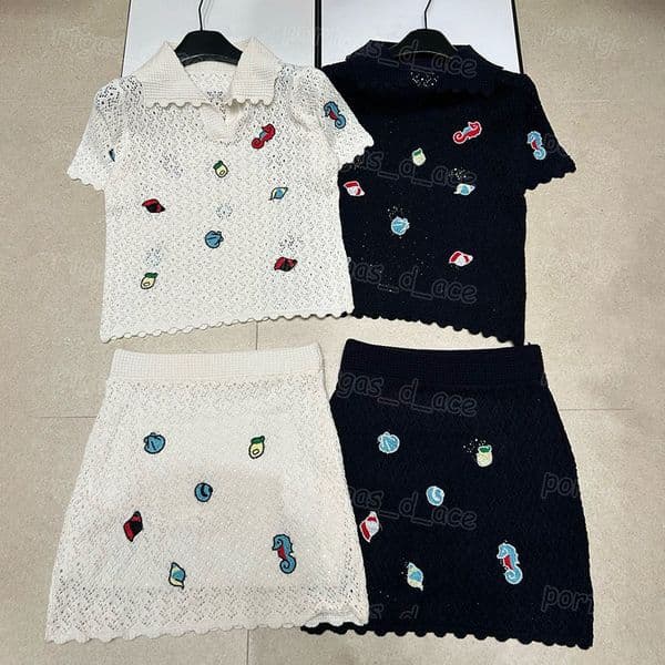 Vintage Fruit Embroidery Knit t Shirt Skirt Set Luxury Women Elegant Polo Top High Waist Skirts Knits Outfits