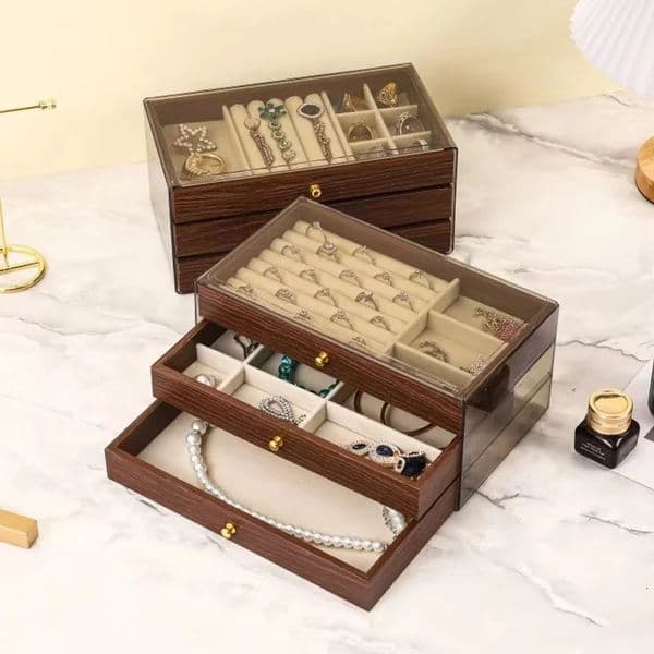 2026 New Ltilayer Wooden Jewelry Box Transparent Window Rings Necklace Storage Case Organizer Bracelet Earrings 260527 Free Shipping