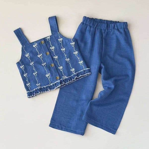 Summer New 2025 Baby Girls Suits Imitation Denim Bow Print Sleeveless Tops and Pants Two-piece Set Casual Children Clothing W260527