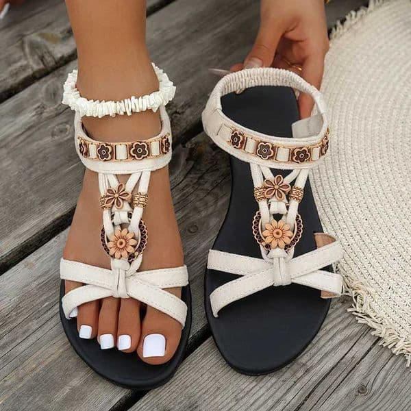 Flower Beaded Bohemian Sandals for Women Summer Roman Style Comfortable Flat Sandals Woman Lightweight Non Slip Beach Shoes H260527