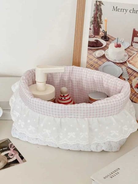 Compact handmade storage basket for desktop miscellaneous items and snacks polka dot ruffled edge storage basket high aesthetiJ260527