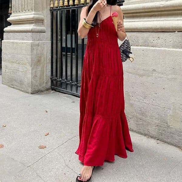 Women's Clothing European and American Spring New Style Elegant Fashionable Solid Color Casual Strap Long Dress