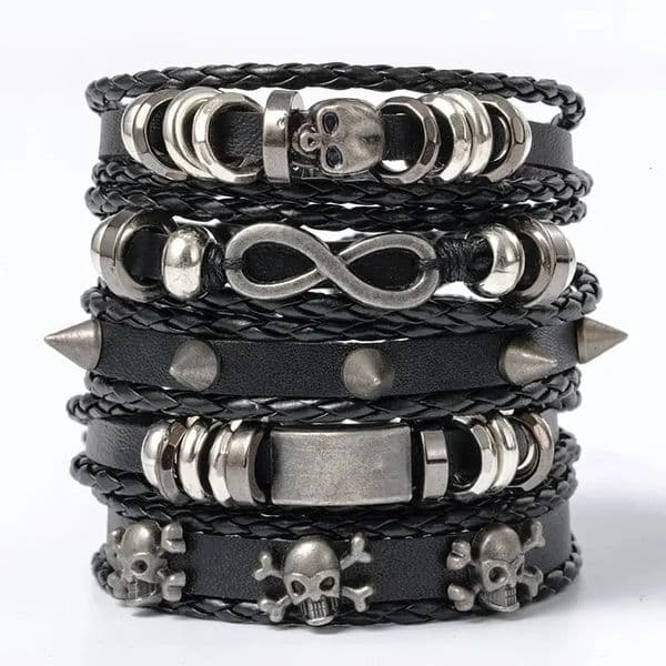 5pcs Metal Diy Braided Punk Style Bracelet Set Featuring Pu Leather And Beads260527