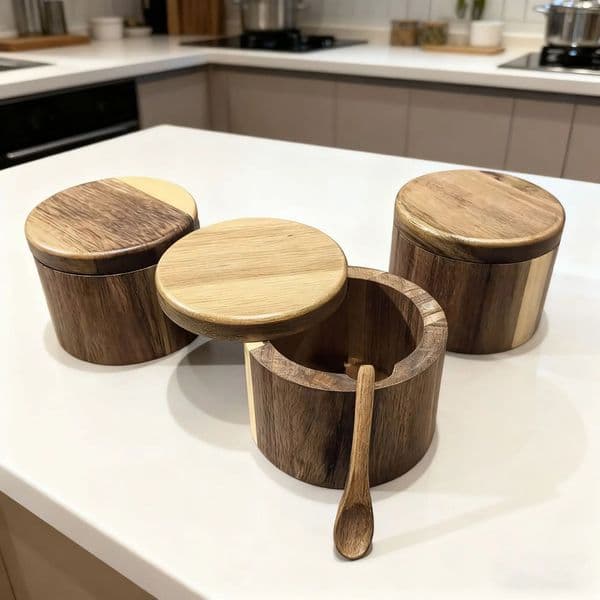 1PC Spice Jar Salt Cellar with Spoon and Swivel Lid Acacia Wood Salt Keeper Perfect for Storing Seasonings 260525