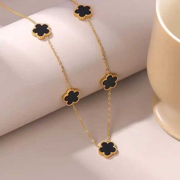 18K Gold Plated Stainless Steel Necklace Woman Five Leaf Petals Double Sided Necklaces For Women Pendant Flower Jewelry Clover L260527