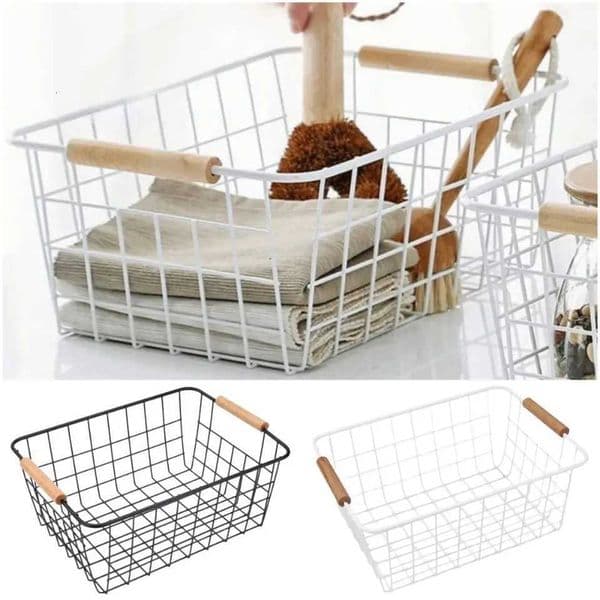 Metal Desktop Storage Basket White Black Rectangle Iron Wired Basket with Wood Handle Large Capacity Sundries ContainerJ260527