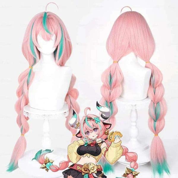 Varesa Cosplay Genshin Impact Cos Long Braid Pink and Green Mixed Costume Hair with Bangs for Women Adult Halloween Wig