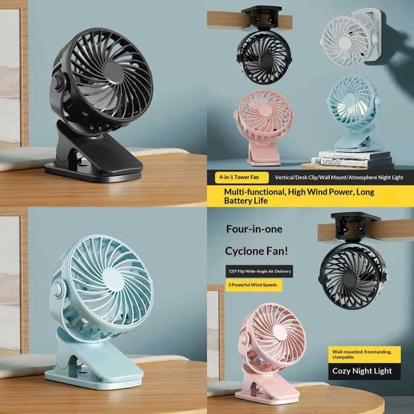 Portable Rechargeable Clip Fan 720 Rotatable Hanging Fan with Night Light Air Cooler for Outdoor Camping Ventilador Z26052691M1
