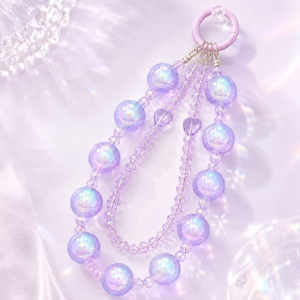 Dreamy Purple Iridescent Double-Strand Phone Charm Strap Wristlet Anti-drop Crystal Beaded Phone Lanyard