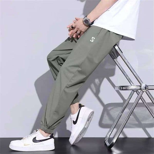 New Ice Silk Men's Fashion Brand Loose Leg Tie Sports Quick Drie 2023 Summer Thin Breathable Cropped Casual Pants 26L0527