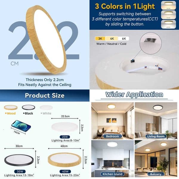 22Cm Ultra Thin Led Ceiling Light Waterproof 3 Colors Led Kitchen Ceiling Lamp Wood Grain For Bathroom Bedroom Living Room Home W260527