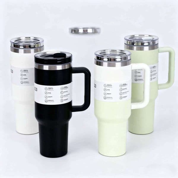 40 Oz / 1200 Ml Insulated Mug Handle and Straw, Stainless Steel Tumbler with Spill-proof Lid for Hot or Cold Drinks 26L0527